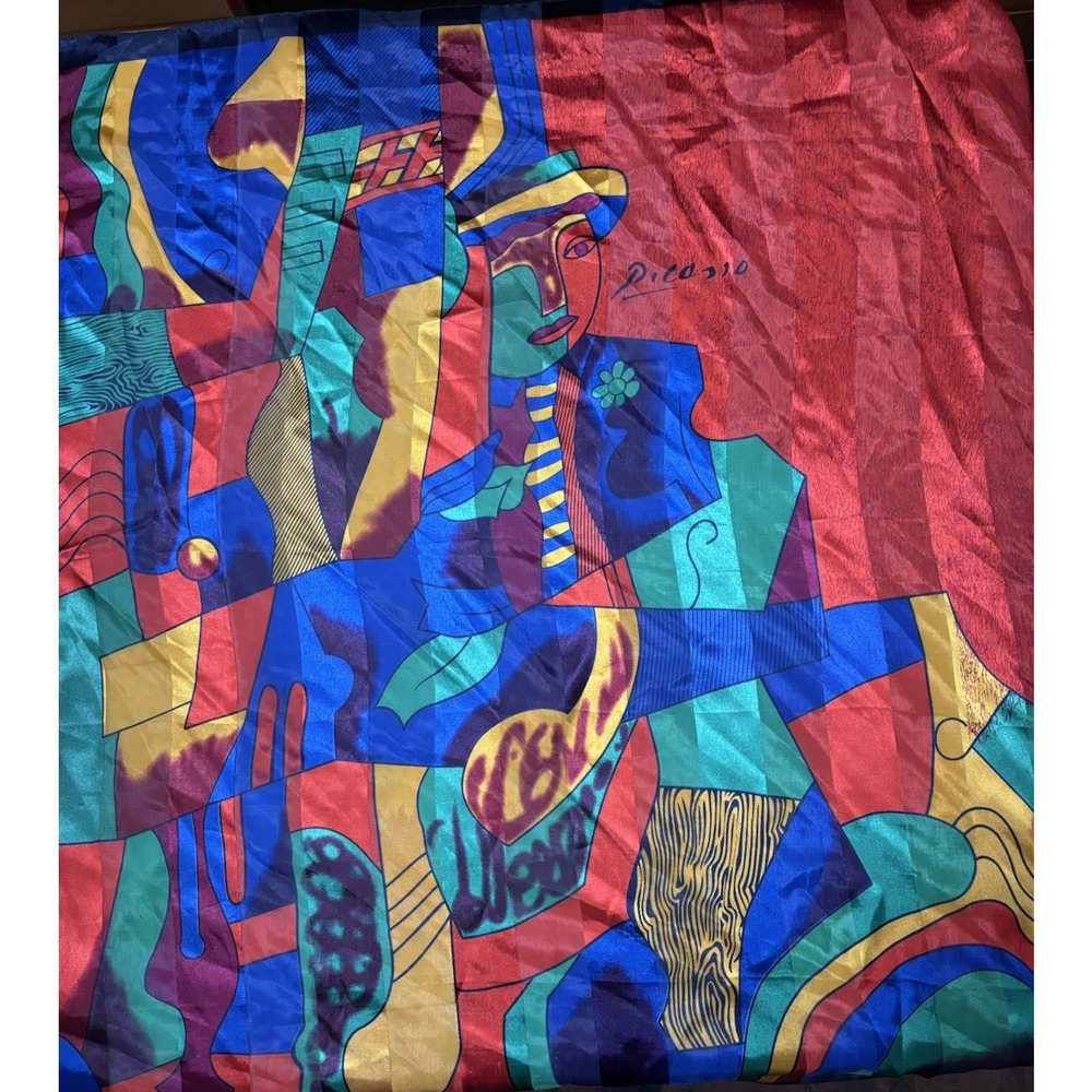 Vintage Picasso-Inspired Abstract Art Print Silk‎ Scarf Colorful BOHO Vibrant